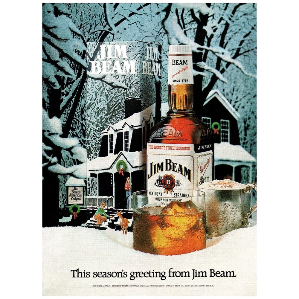 1981 Jim Beam Bourbon Season's Greeting Vintage Print Ad Christmas Deer Snow Art